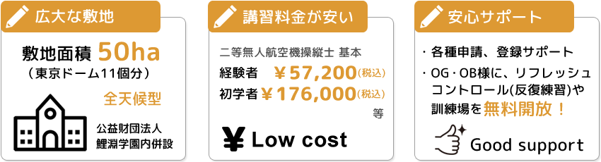 DSIドローンスクール茨城　東京ドーム11個分の広大な敷地と低価格の講習料金、卒業生に練習場無料開放